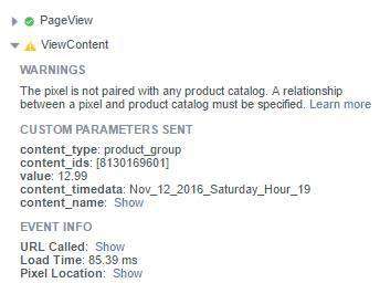 Facebook Pixel is not paired with any product catalog